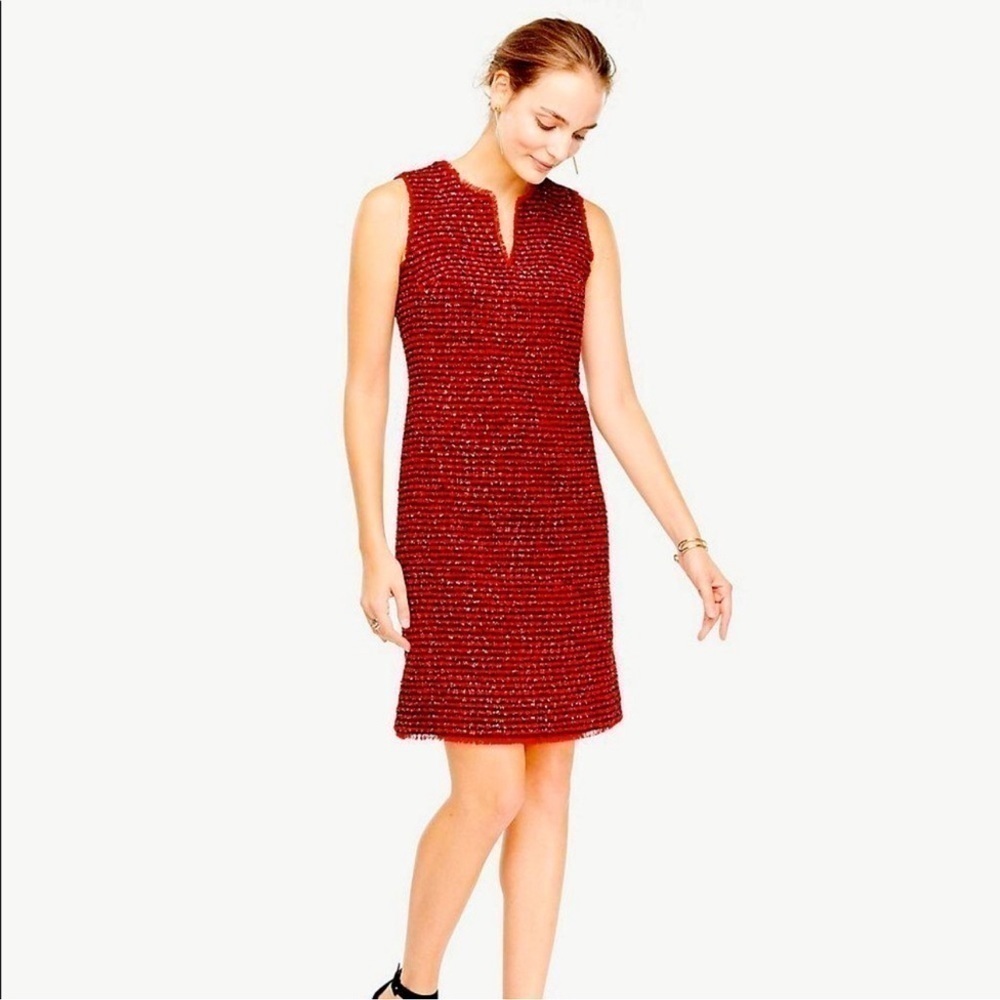 Ann Taylor Red Metallic Tweed Fringe Sheath Dress